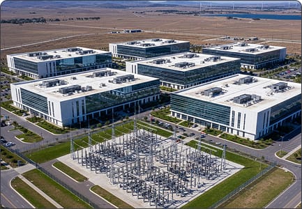 Deploy phase of CUDO's delivery process, showing an ariel photo of a data center facility