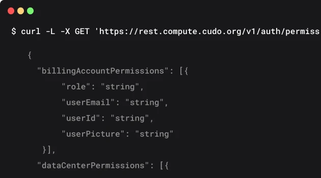 A terminal using a curl command to interact with the CUDO Compute API