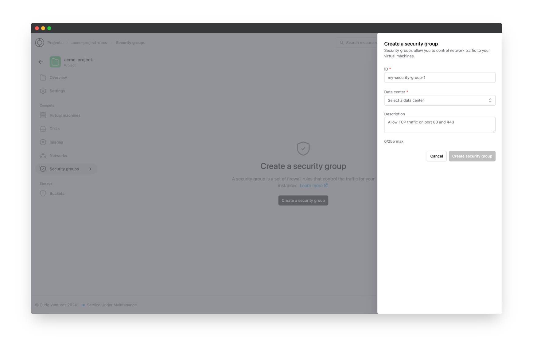 Create a security group filled out